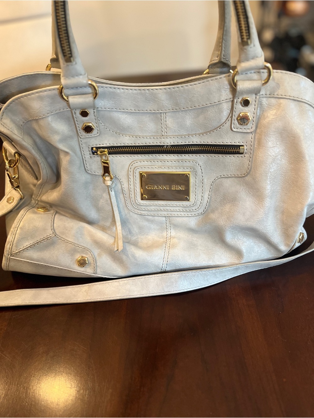 Gianni Bini Grey Leather Satchel with Gold Hardware